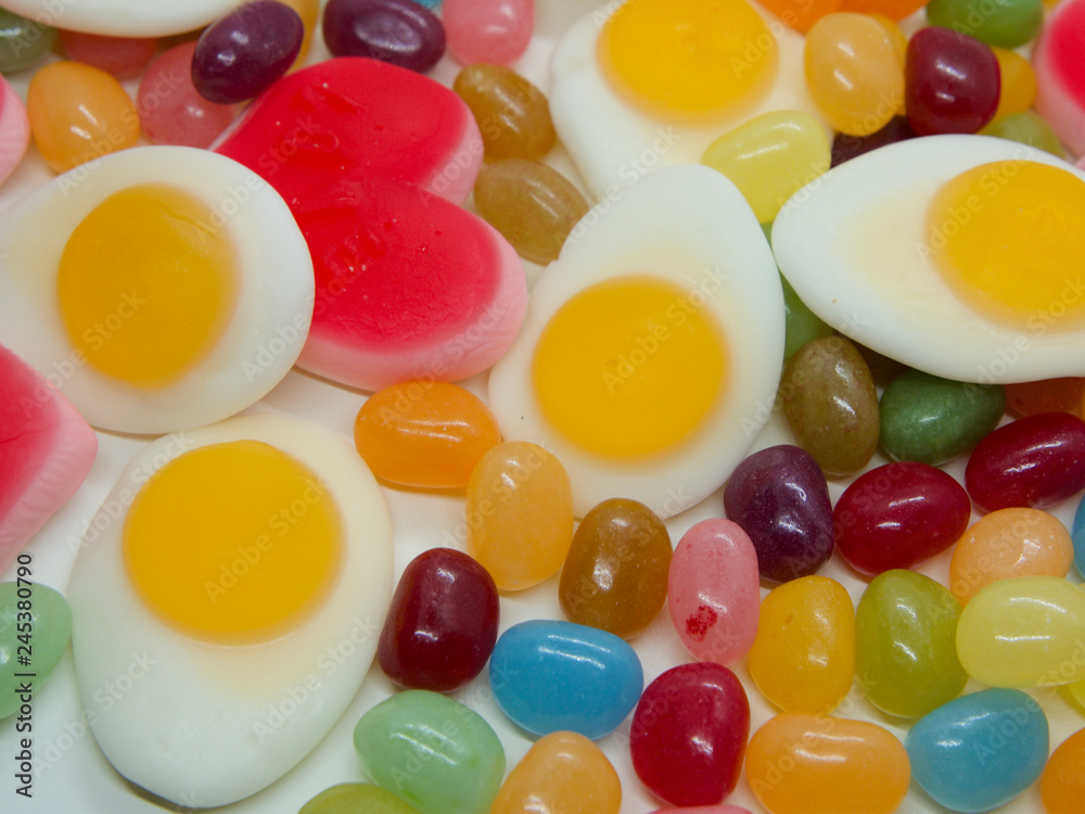 Colorful and lovely collection of sweet jelly(jelly bean, heart shaped jelly, sunny side up egg shaped jelly) Colorful and lovely collection of sweet jelly(jelly bean, heart shaped jelly, sunny side up egg shaped jelly)