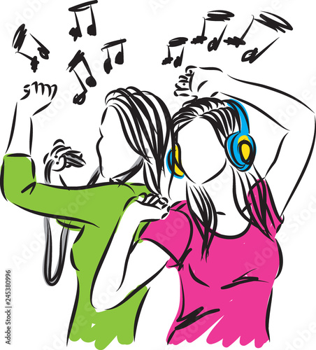 women listening music and dancing illustration