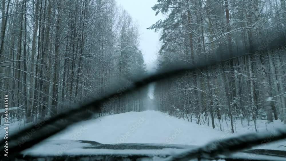 A car is driving along a snowy forest road in a snowfall. Winter time. View from the front window of the car.
