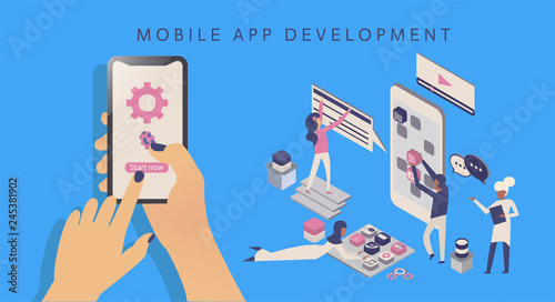 Modern flat design isometric concept of App Development for website and mobile website with people. icons, phone,hand. Easy to edit and customize. Vector illustration with background.