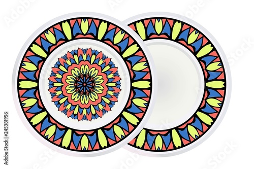 Mandala circular abstract floral lace pattern. Set of 2 matching decorative plates. Decorative mandala ornament. Vector illustration.