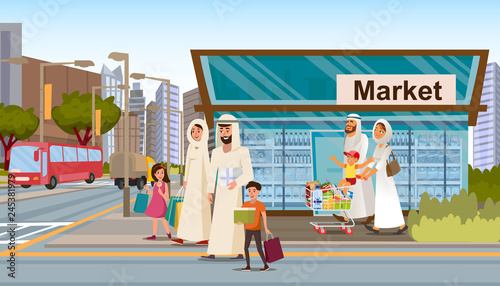 Family Shopping in Muslim District Flat Vector