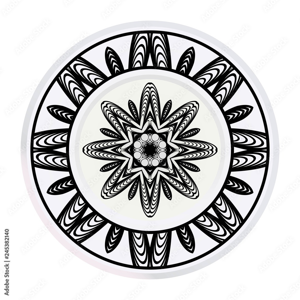 Decorative plate with mandala ornament in ethnic style. Fashion background with ornate dish. Vector illustration