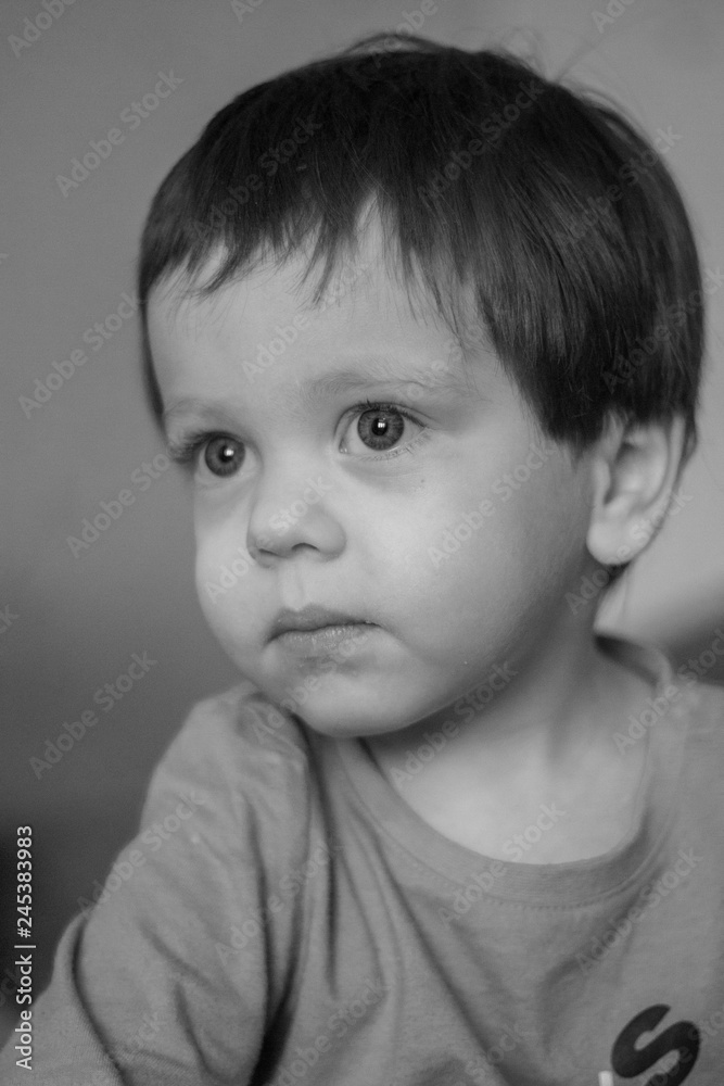 Black and white portrait of a boy. Little boy portrait.