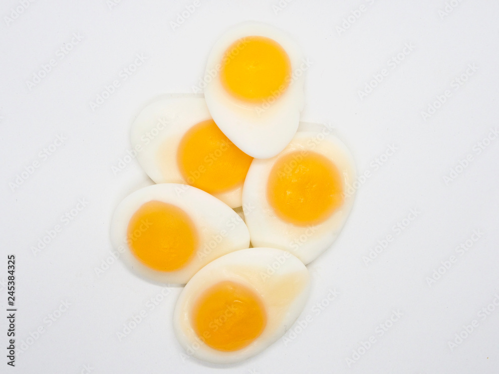 Sunny Side Up Egg Shaped Jelly on White Background Sunny Side Up Egg Shaped Jelly on White Background