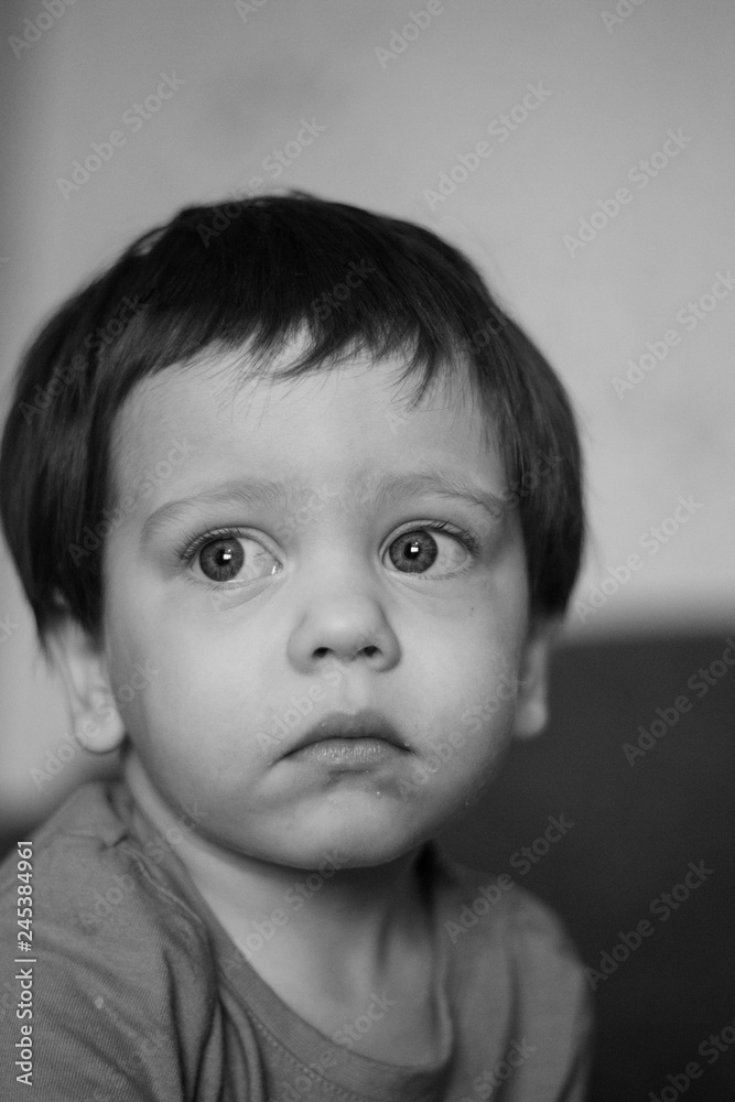 Black and white portrait of a boy. Little boy portrait. Black and white portrait of a boy. Little boy portrait.