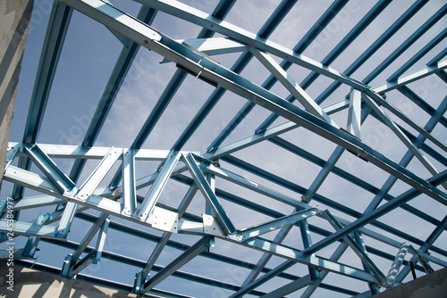 Structure of steel roof frame for building construction.
