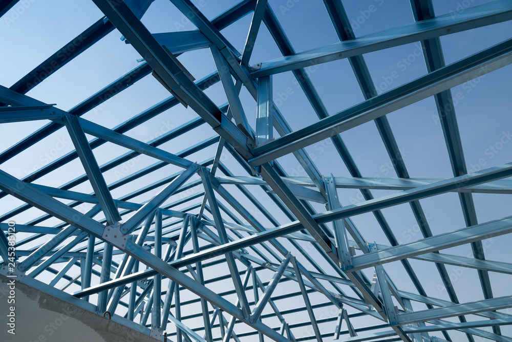 Structure of steel roof frame for building construction.