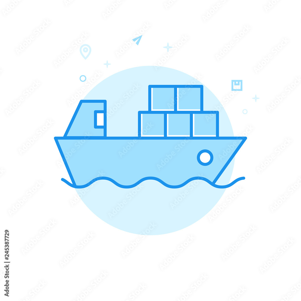 Container Ship Flat Vector Icon, Symbol, Pictogram, Sign. Light Blue Monochrome Design. Editable Stroke