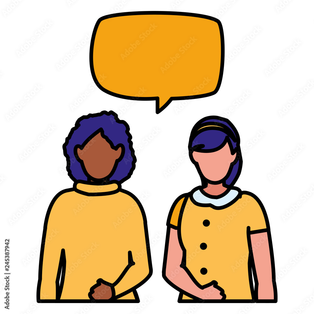 couple of girls interracial characters with speech bubbles couple of girls interracial characters with speech bubbles