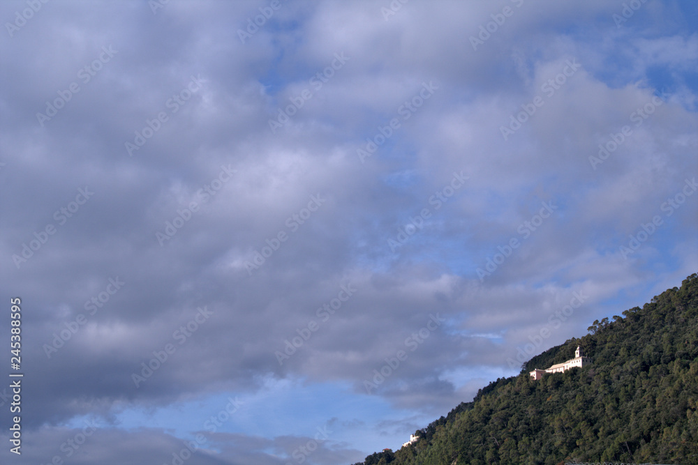 church in the woods,hill,landscape,Italy,panorama,sky,clouds,nature,green