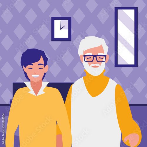 cute grandfather with son characters