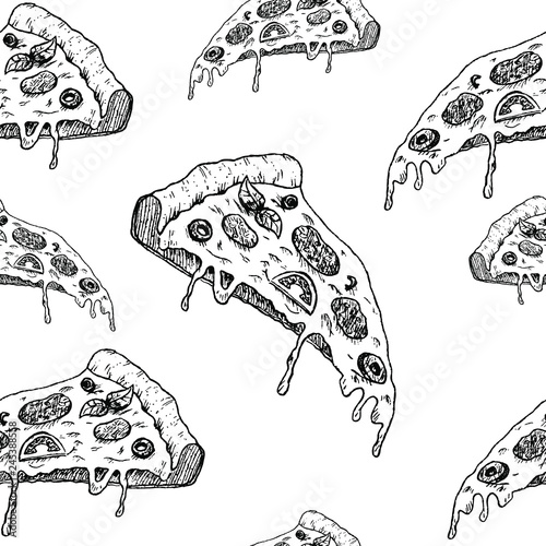 pizza sketch pattern, seamless vector pattern, hand drawn sketch slice of pizza isolated on white background , Vector