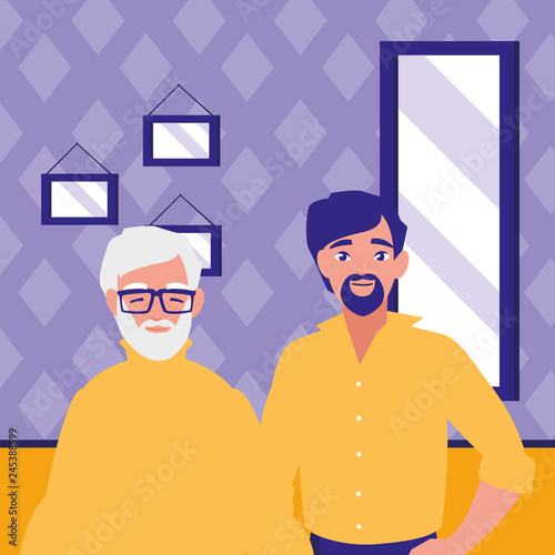 cute grandfather with son characters