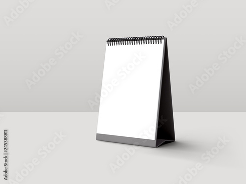 Portrait table calendar mockup with black stand isolated on white background