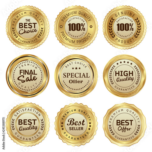 set of gold badges and labels