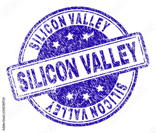 SILICON VALLEY stamp seal imprint with grunge texture. Designed with rounded rectangles and circles. Blue vector rubber print of SILICON VALLEY label with corroded texture.
