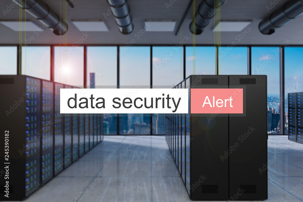 Fototapeta premium privacy search in red search bar large modern server room skyline view, 3D Illustration