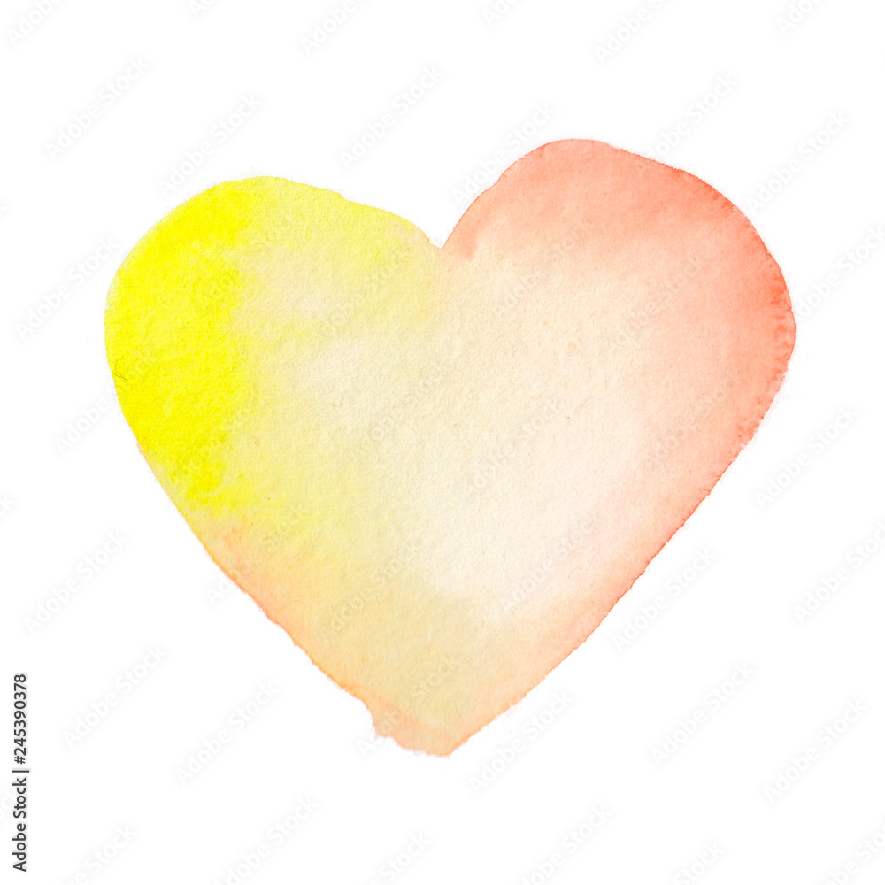 Yellow watercolor heart isolated on white background