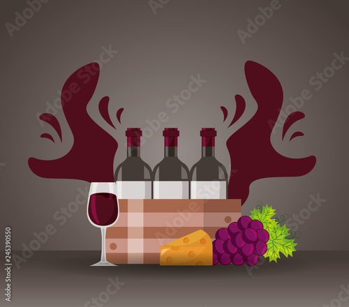 wine bottle on basket grapes cheese and glass cup