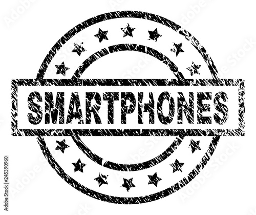 SMARTPHONES stamp seal watermark with distress style. Designed with rectangle, circles and stars. Black vector rubber print of SMARTPHONES caption with unclean texture.