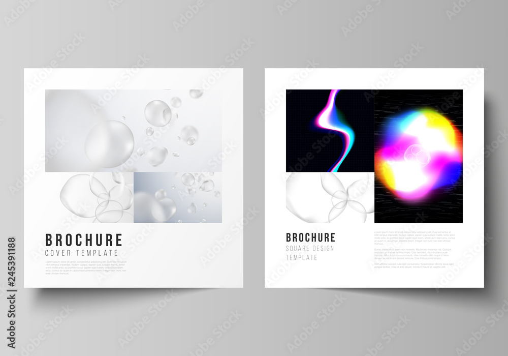 Vector layout of two square format covers design templates for brochure, flyer, magazine. SPA and healthcare design, sci-fi technology background. Abstract futuristic or medical consept backgrounds.