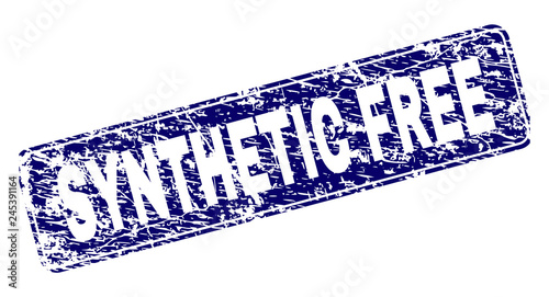 SYNTHETIC FREE stamp seal print with grunge style. Seal shape is a rounded rectangle with frame. Blue vector rubber print of SYNTHETIC FREE caption with dirty style.