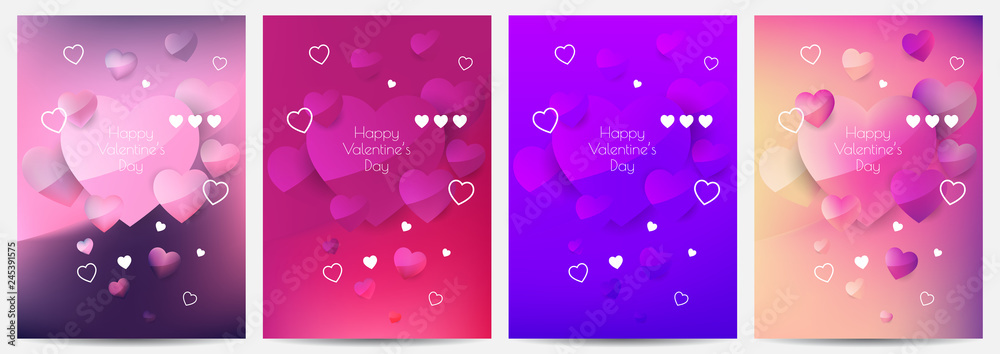 Set of four vibrant eye catching A4 Happy Valentine's day covers. Glossy soft colors gradient mesh compositions