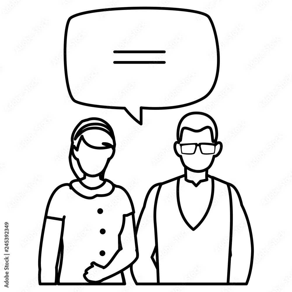 young couple with speech bubble characters young couple with speech bubble characters