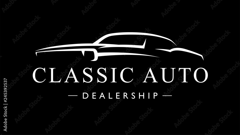 Classic American style sports muscle car dealership logo. Retro style V8 auto garage vehicle silhouette icon. Vector illustration. Classic American style sports muscle car dealership logo. Retro style V8 auto garage vehicle silhouette icon. Vector illustration.