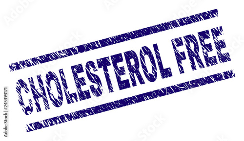 CHOLESTEROL FREE seal stamp with grunge style. Blue vector rubber print of CHOLESTEROL FREE title with grunge texture. Text title is placed between parallel lines.