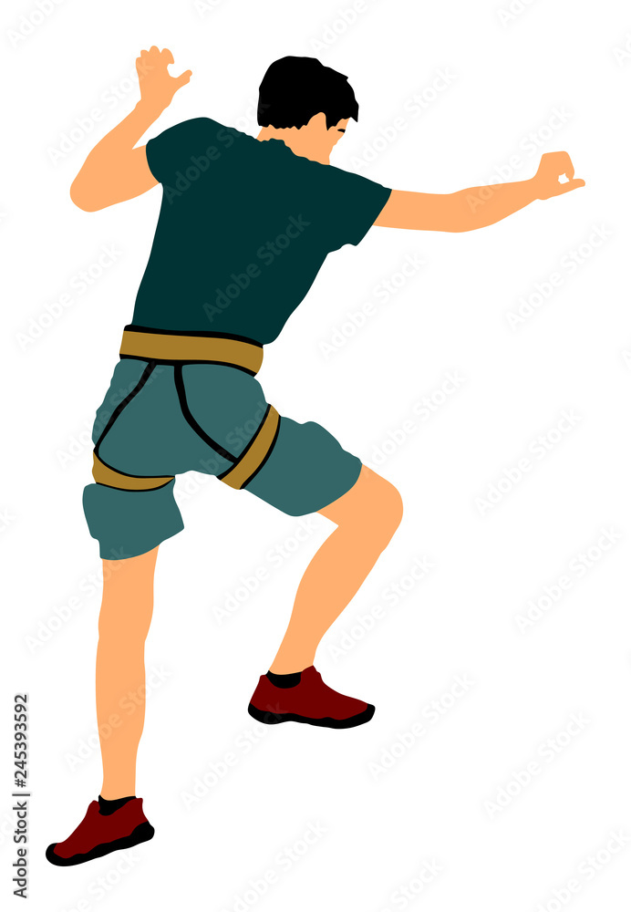 Extreme sportsman climb without rope. Man climbing vector illustration, isolated on background. Sport weekend action in adventure park. Rock wall for fun. Tough and healthy discipline. Climbers skills