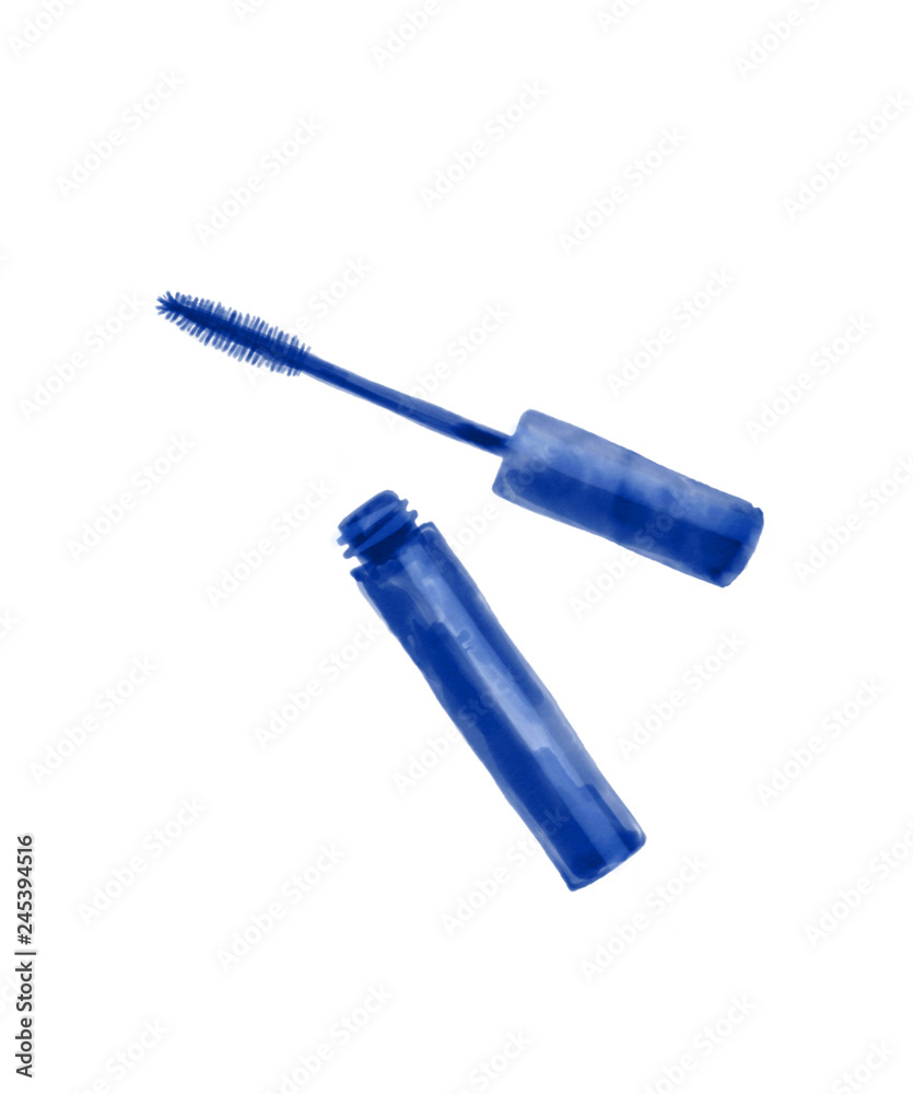 Watercolor hand drawn sketch of the opened blue mascara with brush, isolated on the white background. Watercolor hand drawn sketch of the opened blue mascara with brush, isolated on the white background.