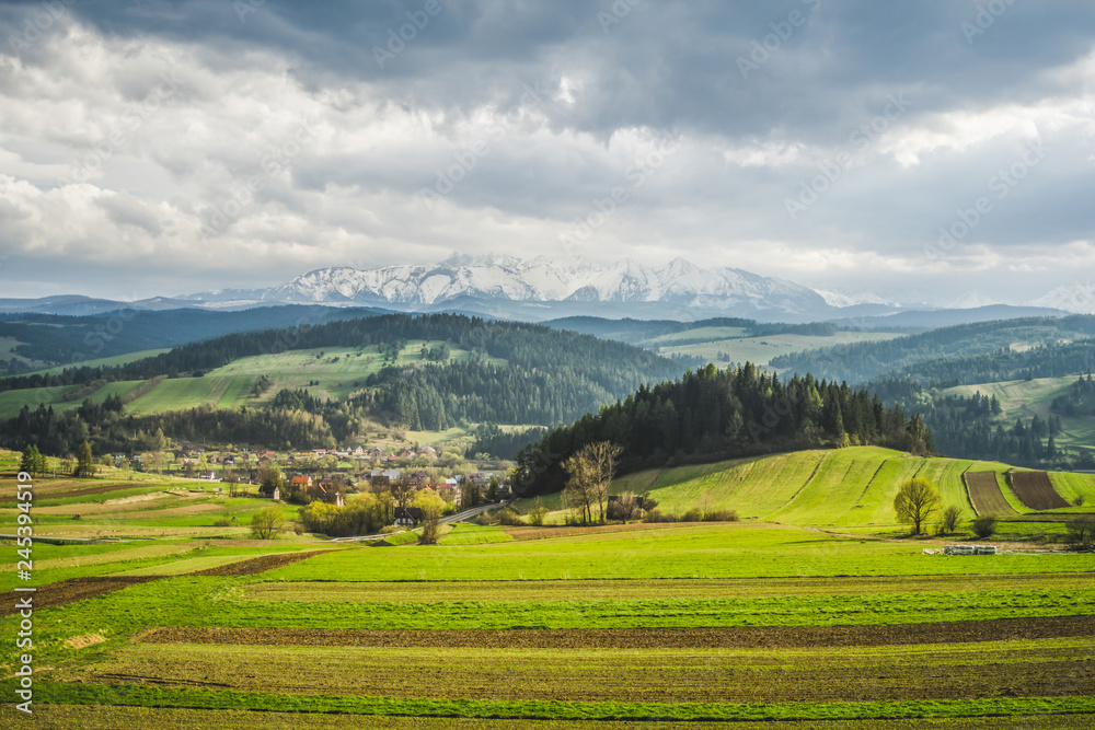 Spring landscape with the Tatra mountains in Poland