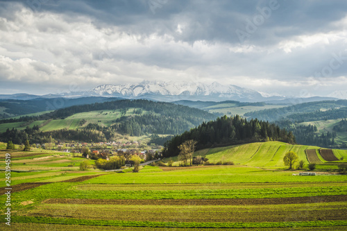 Spring landscape with the Tatra mountains in Poland