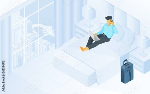 Man Working Online in Hotel Room Isometric Vector