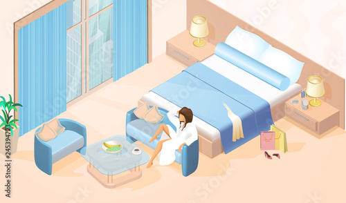Woman Resting in Hotel Room Isometric Vector