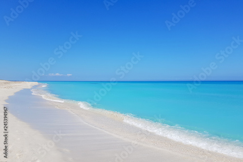 Awesome beach of Varadero during a sunny day, fine white sand and turquoise and green Caribbean sea,Cuba.Hrizontal photo,copy space.