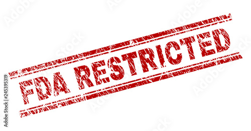FDA RESTRICTED seal print with corroded style. Red vector rubber print of FDA RESTRICTED text with grunge texture. Text title is placed between double parallel lines.