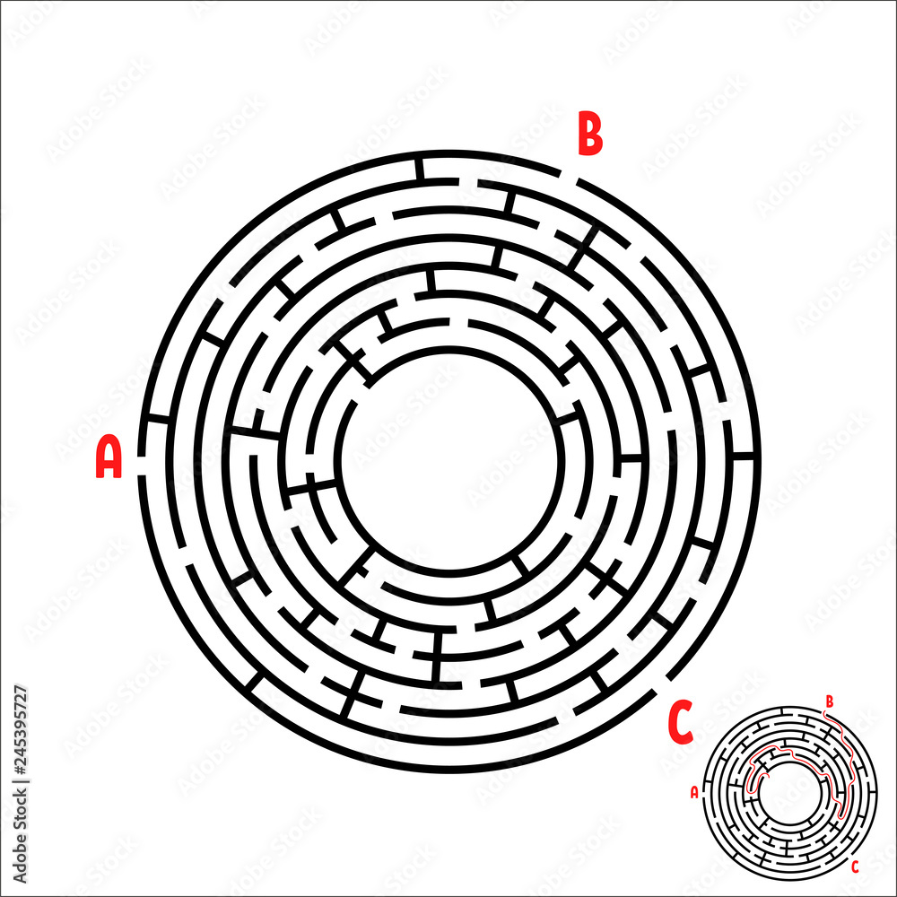 Black round maze. Game for kids. Children's puzzle. Many entrances, one exit. Labyrinth conundrum. Simple flat vector illustration isolated on white background. With place for your image. Black round maze. Game for kids. Children's puzzle. Many entrances, one exit. Labyrinth conundrum. Simple flat vector illustration isolated on white background. With place for your image.