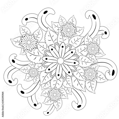 floral mandalaa stylized circular ornament. floral mandala. black-and-white drawing. coloring book for children and adults. page for artbook.