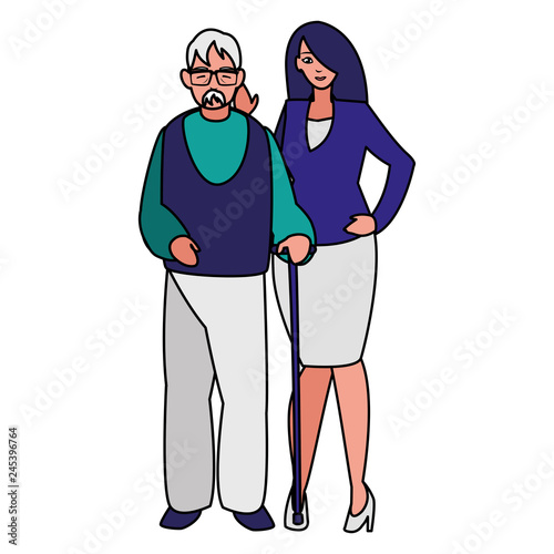 cute grandfather with daughter characters