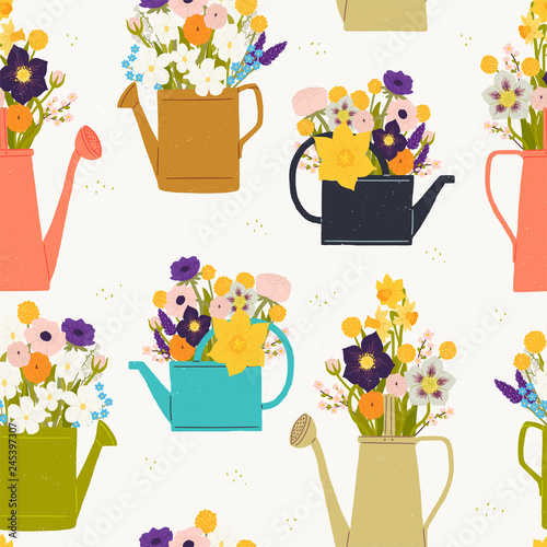 Watering cans and bouquets seamless pattern