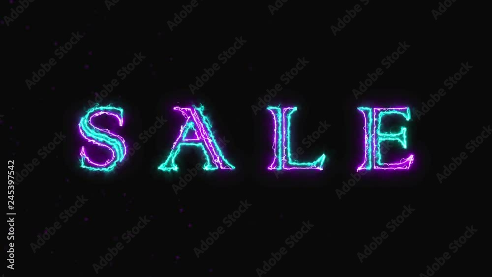 Neon SALE text animation on black background, 4K. 
