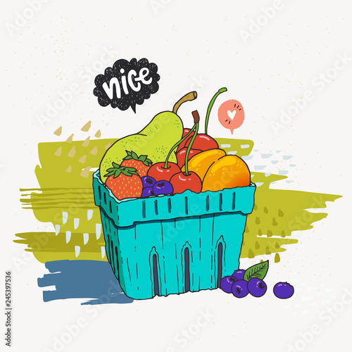 Carton box of frash fruits and berries