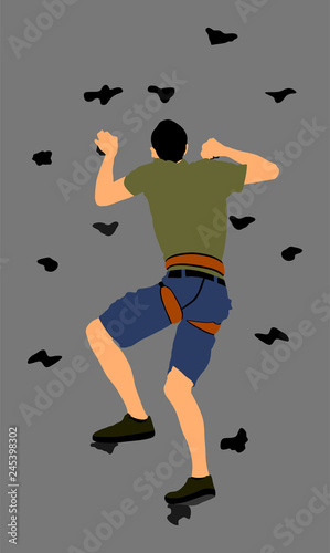 Extreme sportsman climb without rope. Man climbing vector illustration, isolated on background. Sport weekend action in adventure park. Rock wall for fun. Tough and healthy discipline. Climbers skills