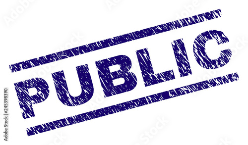 PUBLIC seal imprint with scratced style. Blue vector rubber print of PUBLIC caption with dirty texture. Text caption is placed between parallel lines.