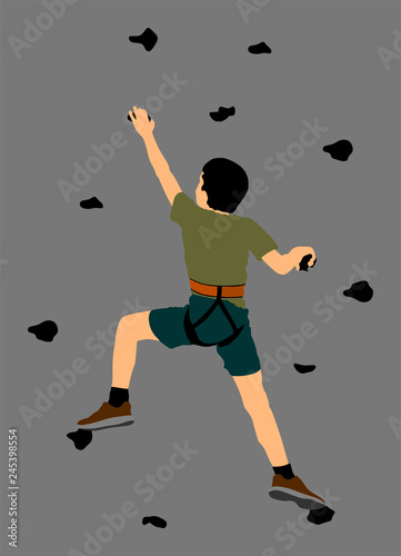 Extreme sportsman climb without rope. Boy climbing vector illustration, isolated on background. Sport weekend action in adventure park. Rock wall for fun. Tough and healthy discipline. Climber skills.