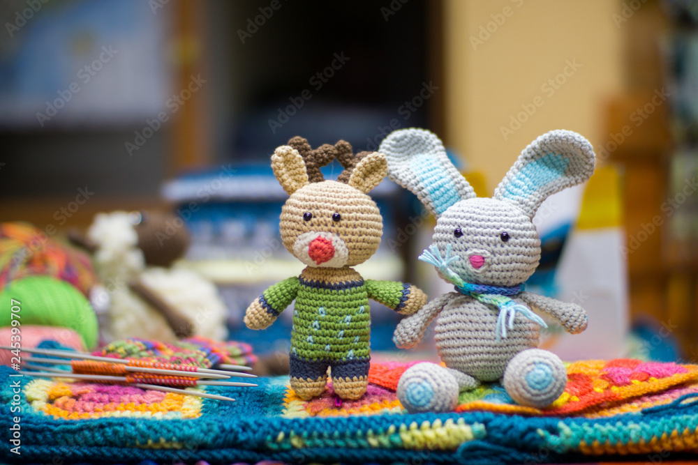 Naklejka handmade knitted toys made with handcraft wool