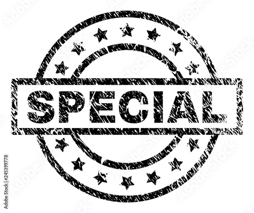 SPECIAL stamp seal watermark with distress style. Designed with rectangle, circles and stars. Black vector rubber print of SPECIAL label with unclean texture.